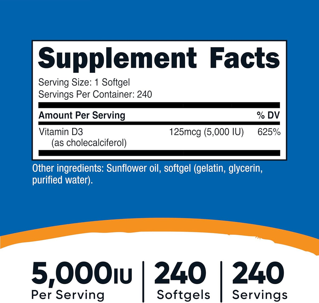 Vitamina D3 5000 IU 240 Softgels — Nutricost