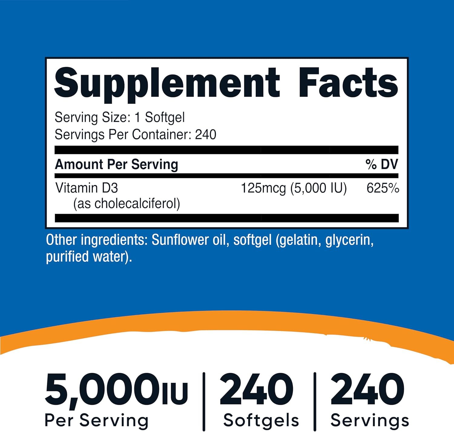 Vitamina D3 5000 IU 240 Softgels — Nutricost