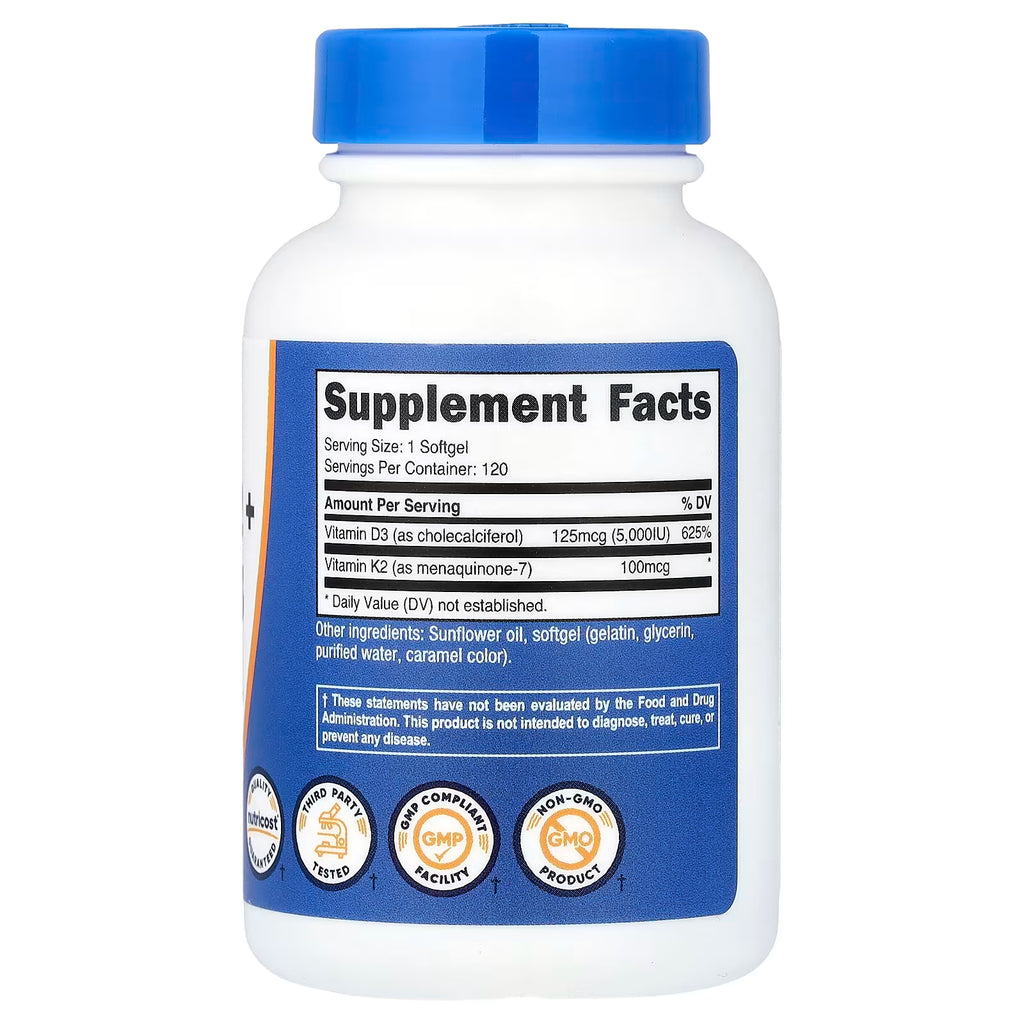 Vitamina D3 + K2 120 Softgels  — Nutricost
